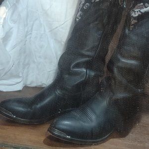 ROAD WOLF VINTAGE BLACK LEATHER METAL TIP WOMAN'S PULL ON COWBOY BOOTS SIZE 8.5